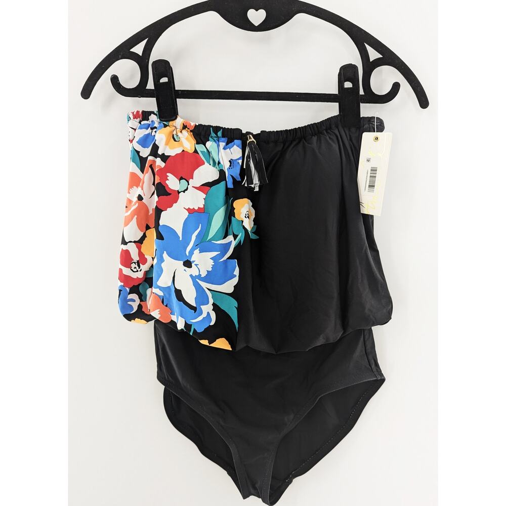 Anne Cole Strapless Floral One-Piece Swimsuit Women’s Black Swimwear - Picture 5 of 11